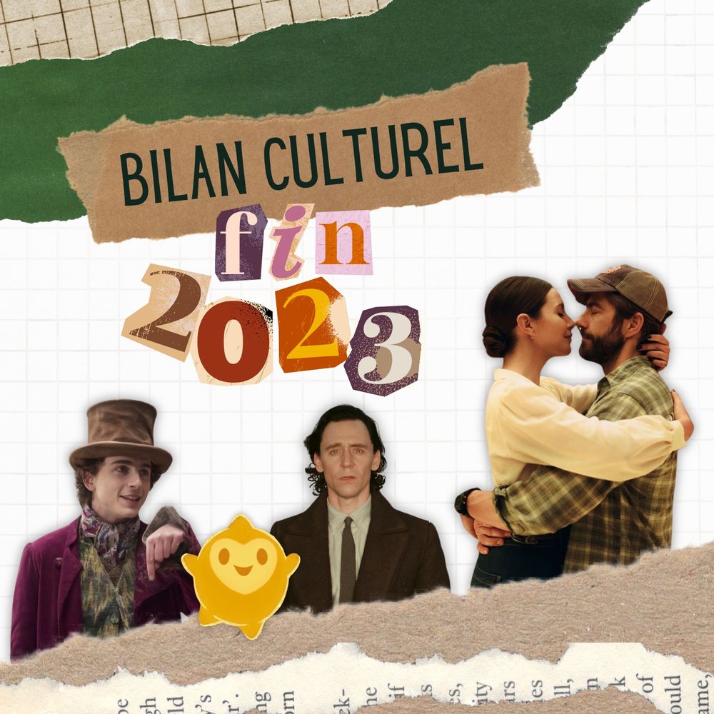 Collage de ma dernière publication instagram intitulée "Bilan culturel fin 2023" avec Chamalet en Wonka, Hiddleston en Loki, les acteurs de Simple comme Sylvain et l'étoile de Wish, le dernier Disney. Collage façon cahier, avec papiers déchirés.