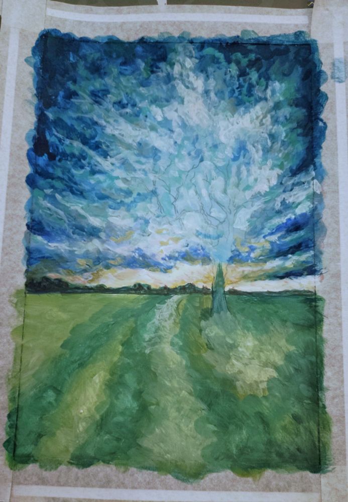 The unfinished state of the same painting, where only the clouds are fully painted. The bottom part of the painting features just a few blobs of green color.