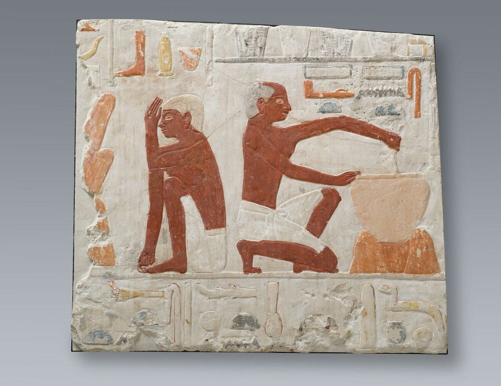 Scène de boulangerie avec un individu présentant une calvitie partielle, Ve dynastie, relief mural provenant de Saqqarah, conservé au musée du Louvre, inv. E 17499.
© Musée du Louvre, Dist. GrandPalaisRmn / Christian Décamps. (pilosité en Égypte)