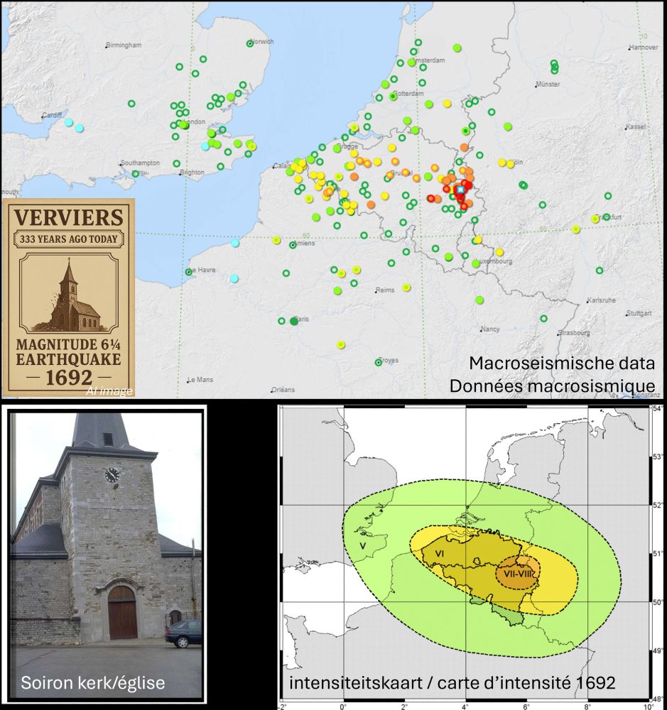 En haut : photo de la Belgique avec les zones où le tremblement de terre de Verviers de 1692 a été ressenti. 
En bas à gauche : église de Soiron.
En bas à droite : carte d'intensité du tremblement de terre de Verviers de 1692.