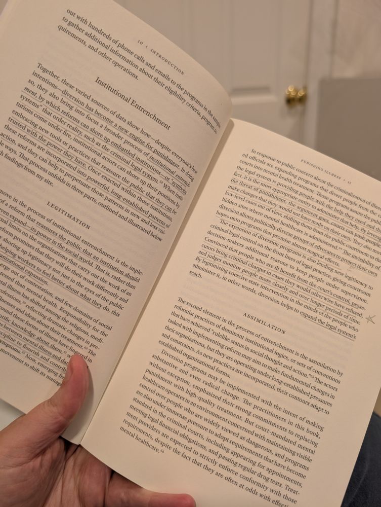 A two-page spread of the inside of the book that talks about court diversion programs as a way of legitimizing and strengthening the power of the court system to control people with mental illness.
