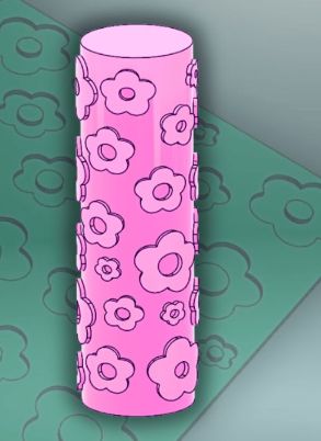 A screenshot of a pink cylindrical texture roller covered in a repeating flower design. The flowers have been raised off the surface of the cylinder a few millimeters. The edges of the flowers are very straight, at a 90-degree angle to the cylinder, so they would leave a sharp impression and possibly tear or distort the clay.