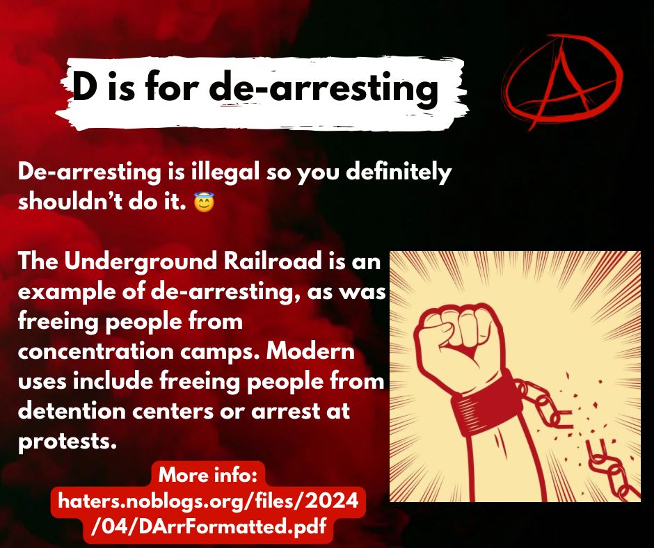 D is for de-arresting

De-arresting is illegal so you definitely
shouldn’t do it. 😇

The Underground Railroad is an 
example of de-arresting, as was 
freeing people from 
concentration camps. Modern
uses include freeing people from 
detention centers or arrest at 
protests. 

More info: haters.noblogs.org/files/2024/04/DArrFormatted.pdf