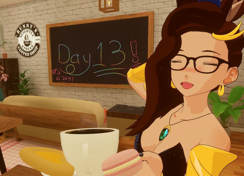 Bunnyhearted, a white retro anime bunnygirl villain with brown floofy hair, glasses, and a black and gold dress, offers you a coffee and snacks in a cafe! Day 13 is written in chalk on the wall behind her.