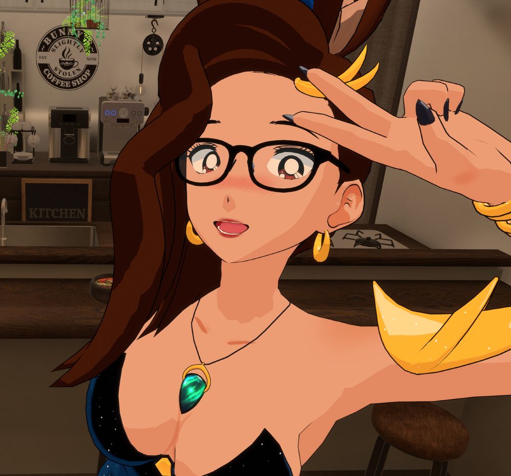 Bunnyhearted - a white retro anime bunnygirl villain with brown floofy hair, glasses, and a cool slime on her head - smiles and makes a peace sign in a cafe! Which is labelled as slightly stolen.