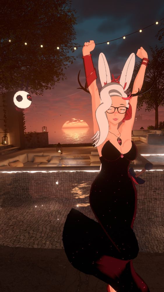 Bunnyhearted, a retro anime bunnygirl villain with floofy white hair, glasses, and a cool slime on her head does a big stretch in a villainous dress by the seaside.