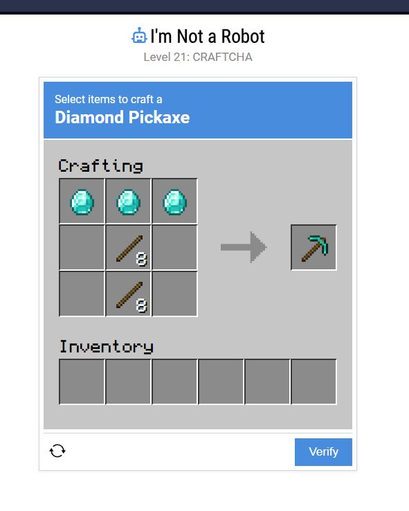 A captcha about making a diamond pickaxe from minecraft.