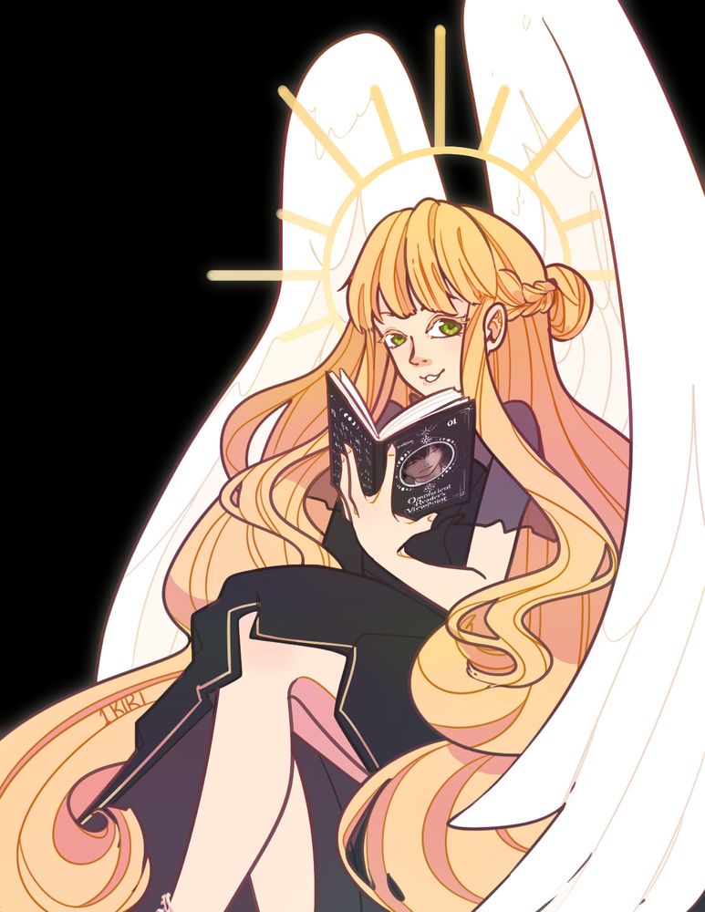 Uriel sitting down with the first volume of the Omniscient Reader's Viewpoint book, her long golden hair cascading around her. Large white wings also wrap around. The background is black and there is a soft glow around her.