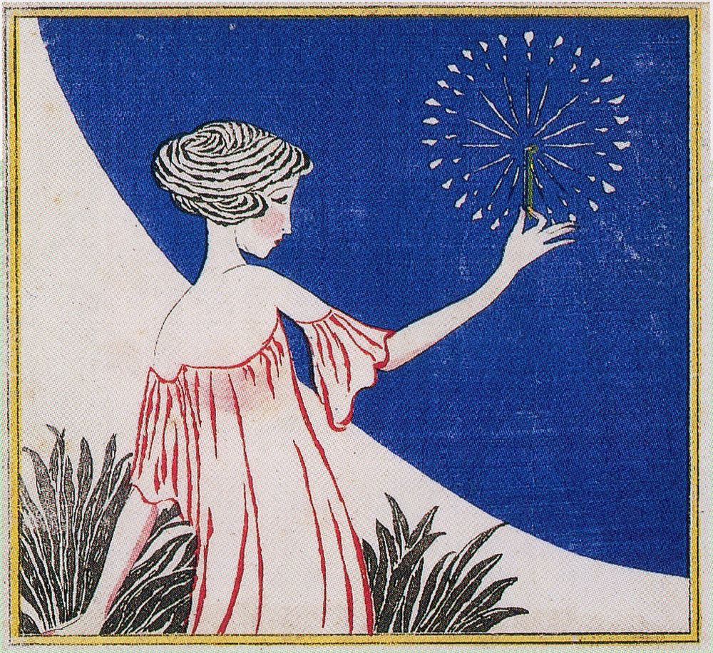 Illustration in 1920s style of a woman plucking a firework from a blue circle of night sky. She has a shingled dark bob, and wears a flowing red shift that matches her blush. She stands on a white veranda or balcony amid dark green plants.