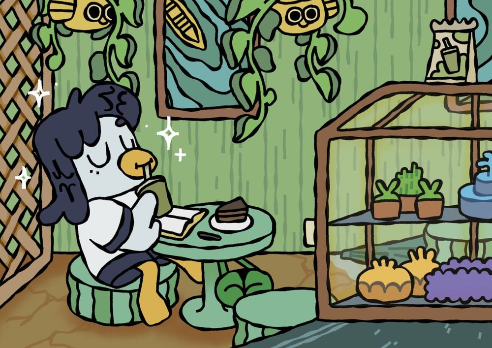 A duck character sipping matcha from a straw inside a greenhouse themed cafe.