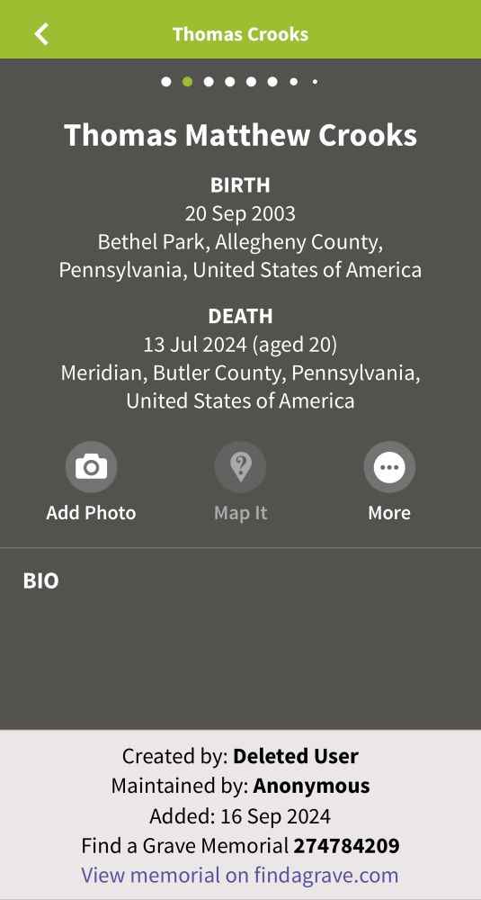 Find a Grave memorial for Thomas Matthew Crooks listing birth and death dates.  The listing was created by a deleted user and is maintained by “Anonymous.”