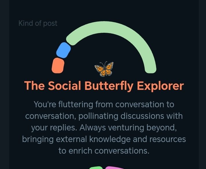 Captura de pantalla amb un gràfic, una papallona i el text "The Social Butterfly Explorer - Vas volant de conversa en conversa, pol·linitzant les discussions amb les teves respostes. Sempre aventurant-te més enllà, aportant coneixements i recursos externs per enriquir les converses" 