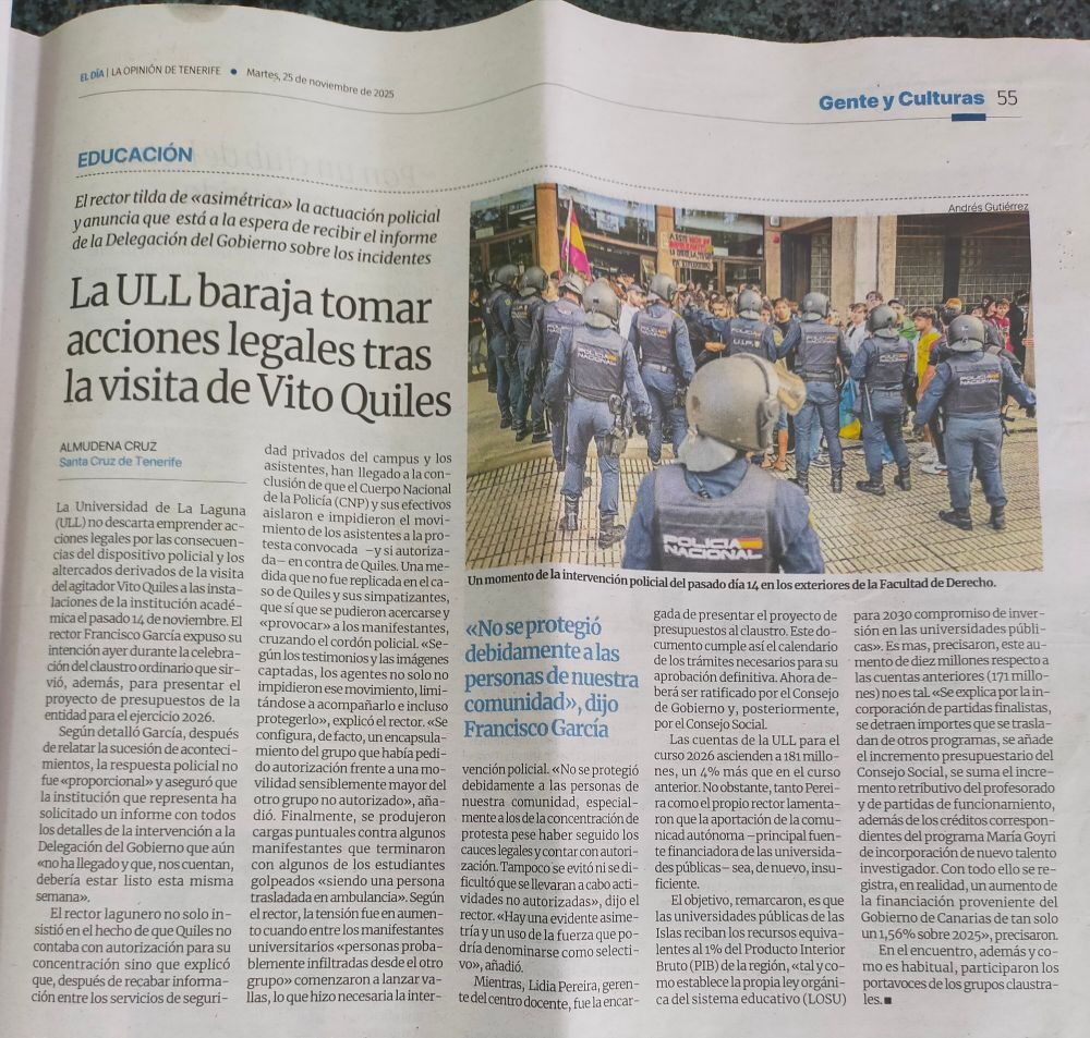 La ULL (Universidad de La Laguna) baraja tomar acciones legales tras la visita de Vito Quiles. 