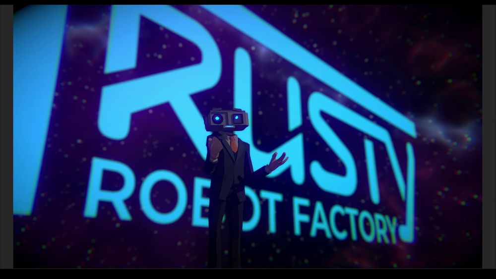 Rusty standing in front of a giant glowing blue version of his logo.