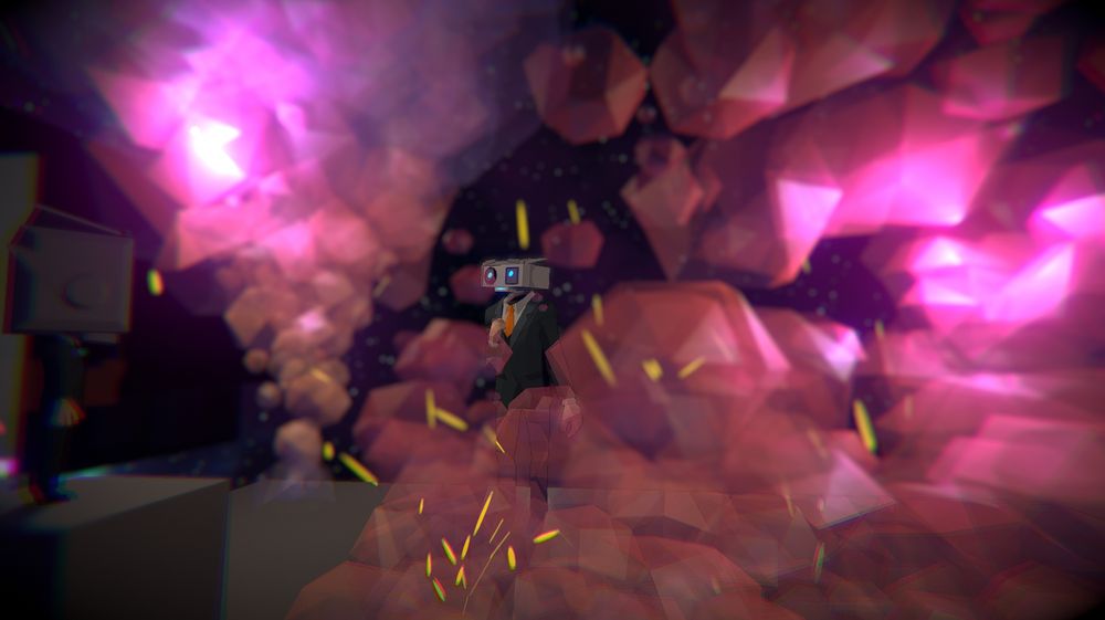 Rusty surrounded by explosions in his game environment project.