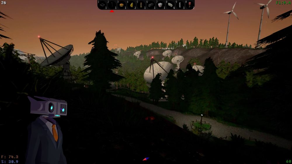 Screenshot from the game Voices of the Void, showing satellite dishes and wind turbines in a valley.