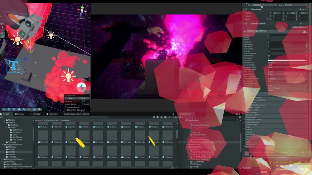 Chaotic scene from Rusty's software development stream where he is experimenting with special effects.