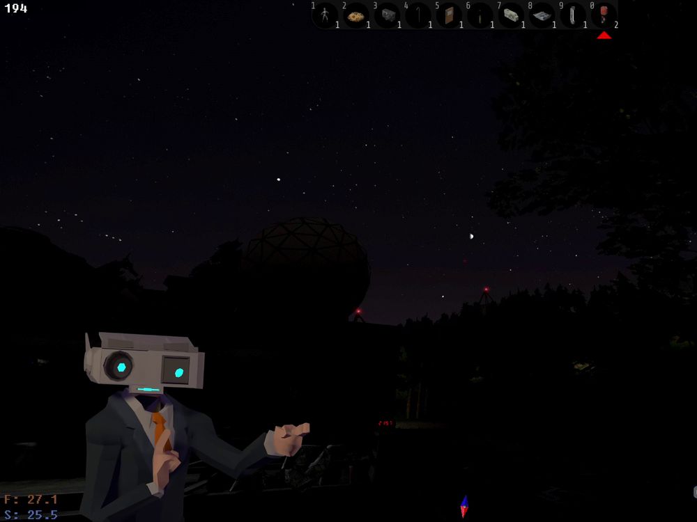 Night scene from the game Voices of the Void, with Rusty pointing to an in-game clock.