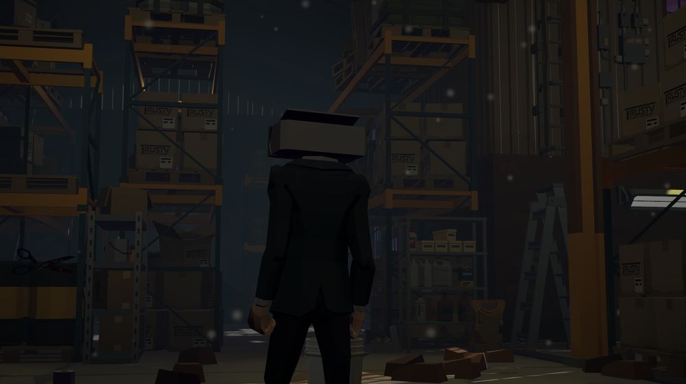 (video game scene) Rusty standing in a darkened warehouse.