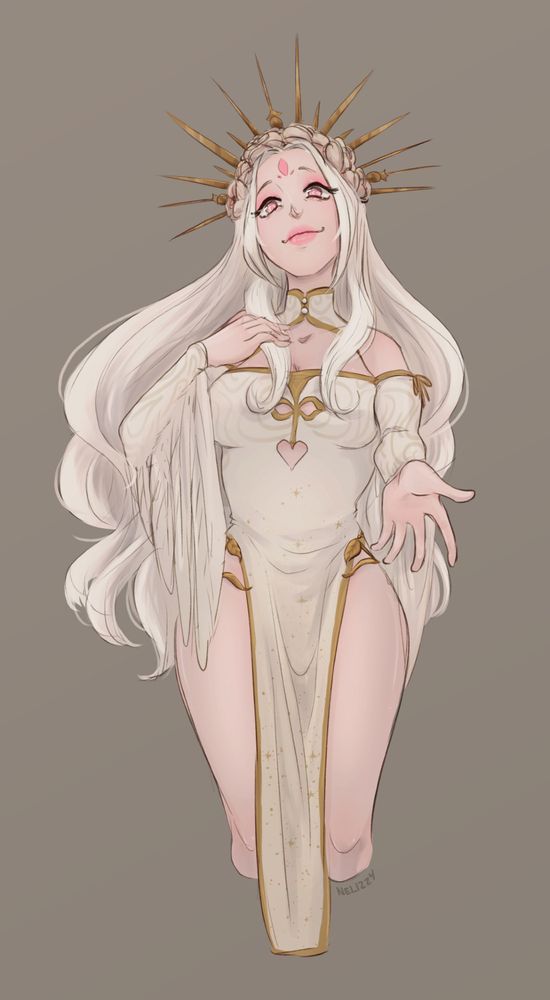 A beautiful woman looking down to the camera, offering a hand out. She has long, wavy white hair, and wears a crown of golden spikes.
