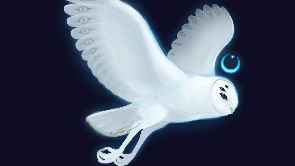 A white barn owl with multiple eyes and a blue crescent halo flies across a dark background.