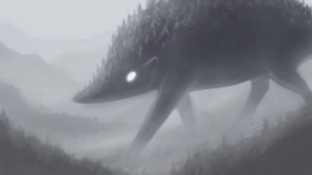 A hedgehog the size of a mountain roams a gray forest landscape. The spines on its back resemble trees.
