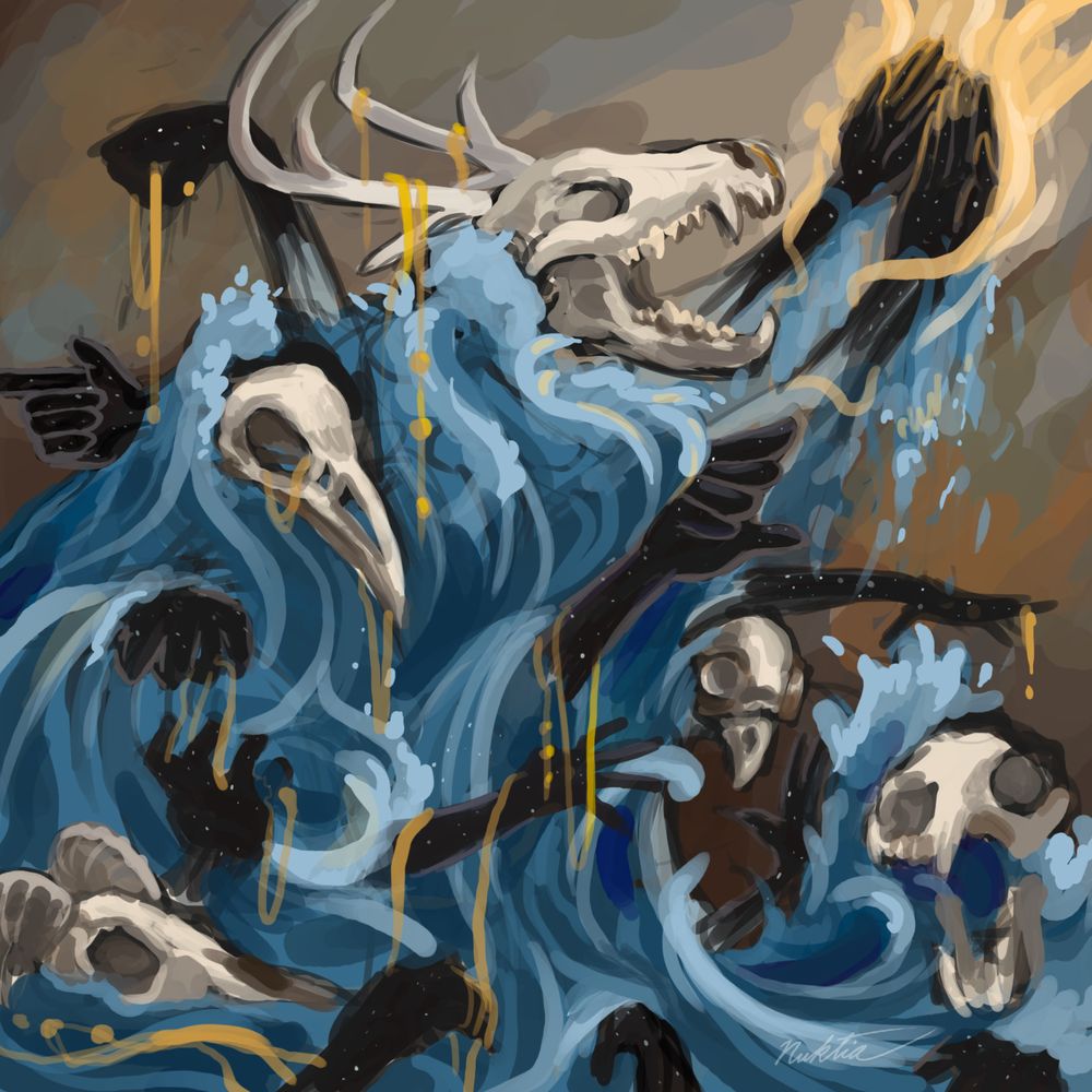 A primordial creation god composed of several different animal skulls, many scorched hands, and wears the sea as a cloak. The leading skull is of a wolf's with antlers. The other skulls are a crow, an owl, a ram, and a tiger. Waves make up their body, and their many hands are all in various poses. One set of hands in the upper right corner glows gold fire.