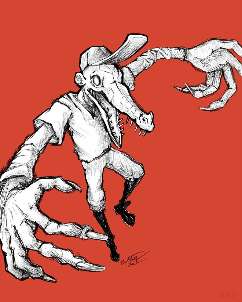 A sketch of Bad Batter from the game OFF. His head and hands are foreshortened while the rest of his body recedes into the red background.