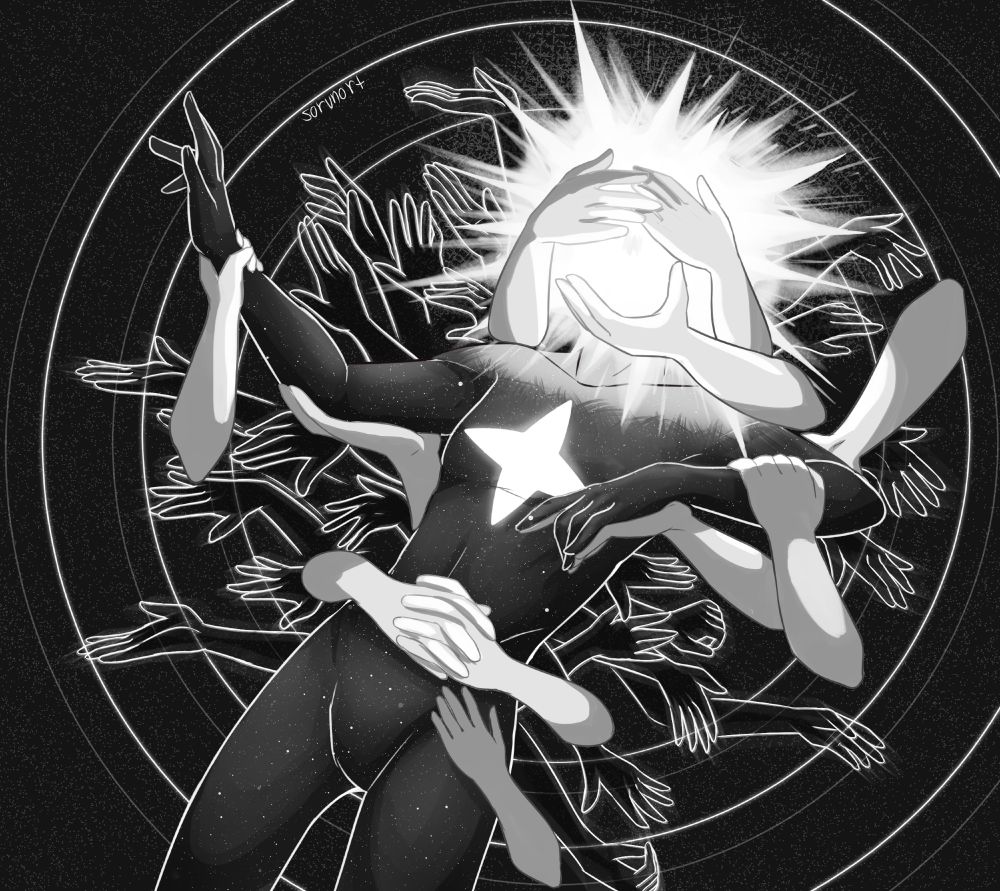 Loop from 'In Stars and Time' surrounded by hands. Gray hands cover their eyes and hold up their 'mouth'. More grab their arms holding them up. Several black hands swarm behind them. The background is black with a few white circles.