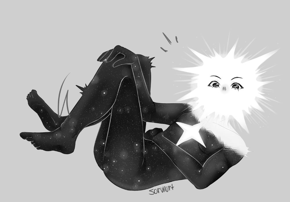 Loop from In Stars and Time. Theyre lounging back looking at the viewer with a hand on their knee. Theyre against a gray background and have some scribbles over their feet to indicate they're kicking their feet.