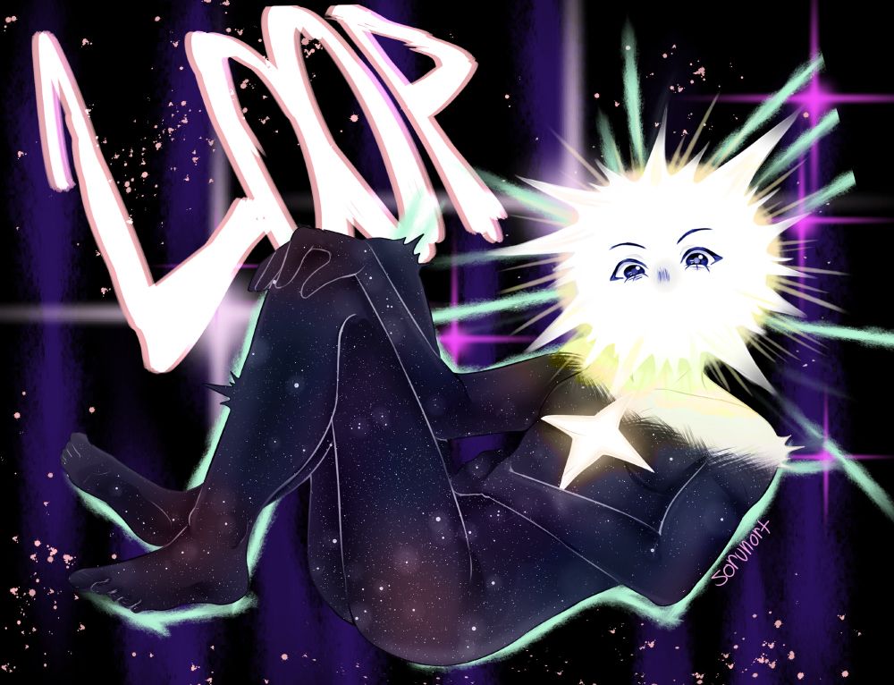 Loop from In Stars and Time. Theyre lounging back looking at the view with a hand on their knee. They are outlined in light green. The background is black with streaks of purple, magenta sparkles. "LOOP" in big letters is in the background.