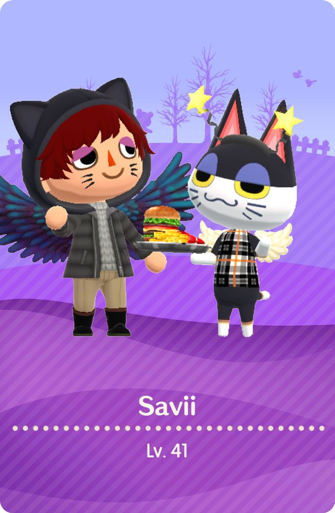 A screenshot of Savii’s animal crossing pocket camp purple camper card. They are standing next to Punchy and they are level 41.