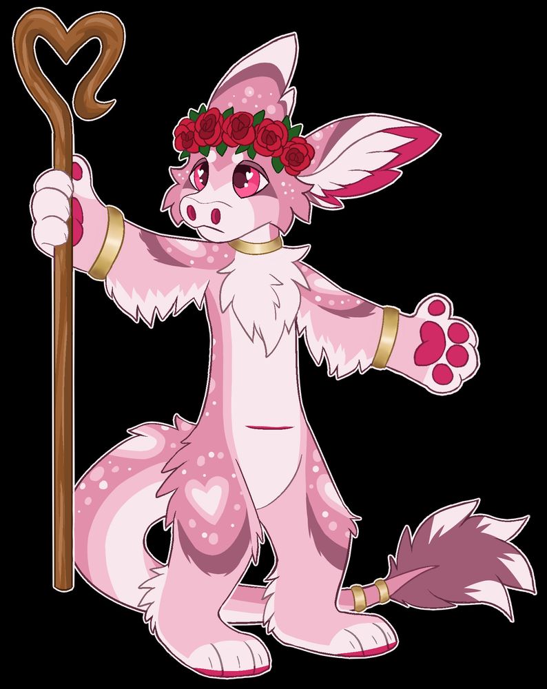 A digital fullbody drawing of a pink Valentine's Day themed Xero wearing golden cuffs, a rose flower crown, and holding a heart-shaped shepherd's crook.