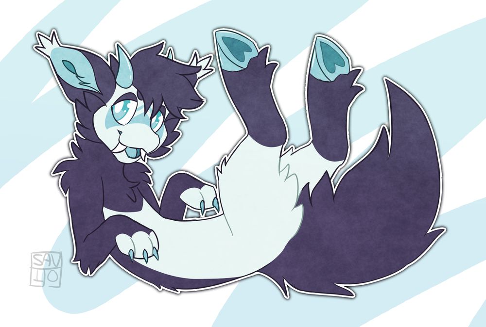 A fullbody digital drawing of Saber the Lumistera. Their fur is dark blue and white and they have light blue hooves, claws, and horns. They are lying on their back and smiling at the viewer
