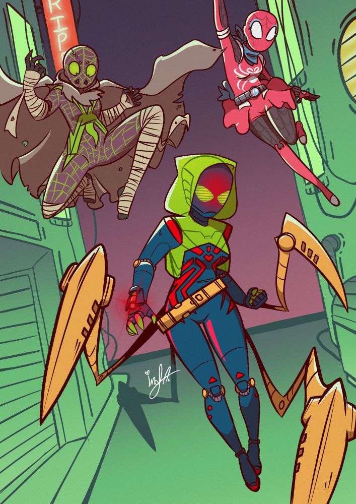 three spider themed heroes in the alleys of a grim future city