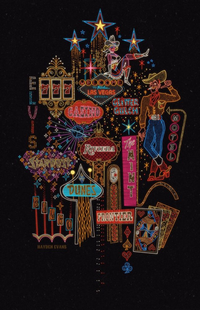 A colorful illustration celebrating the many iconic neon and lighted signs and sights of vintage Las Vegas, NV.
