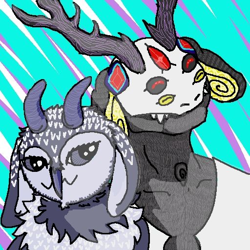 A blue owl goat hybrid and a biomechanical robot with four eyes and antlers, posing together gleefully. The drawing is in a toony style. 