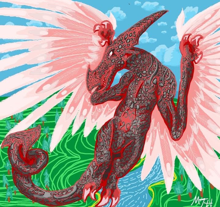 A red wyvern with pink feathers and black scales flies above a landscape with trees, a river and a cloudy sky. The wyvern has a crest in place of horns and a pointed tail. 