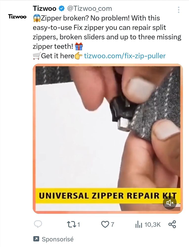 Publicité pour un kit de réparation de fermetures éclair - Twitter Circa 2023 - Texte alternatif de Laurent Chemla