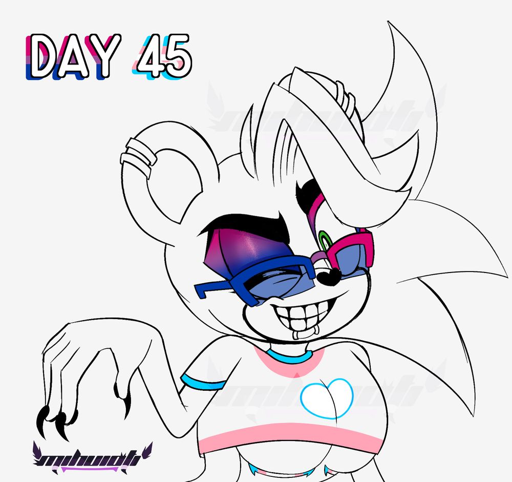 Kami the Mink dressed in a transgender flag themed crop top shirt. His top surgery scars are coloured with the flag's colours. His glasses are themed after the bisexual flag, as is his eyeshadow. He is winking and grinning at the viewer with his right hand (the viewer's left) held up in a limp wrist gesture. Text above him reads DAY 45 with the bisexual and trans flags behind both words.