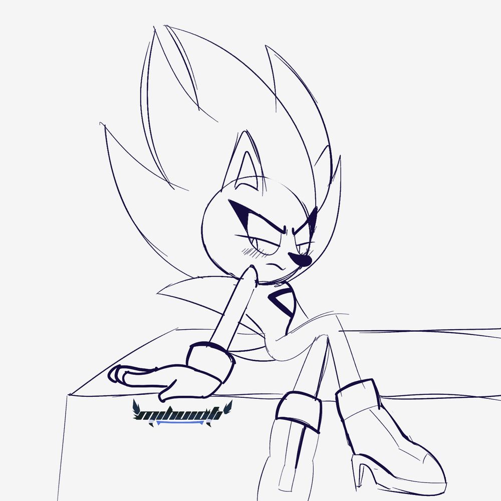Nazo the Hedgehog sitting on a surface with one leg crossed over the other. He seems frustrated. He is looking off to the side. He is blushing slightly.