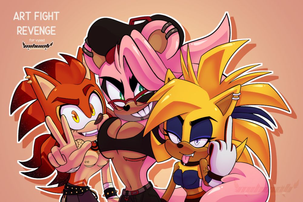 Kami the Mink, Ash Hayward, and Viper the Hedgehog all standing next to each other. Ash is holding a peace sign while grinning. His cheek is being squished by Kami's chest. Viper is sticking her tongue out and holding her middle finger up. Kami is between both of them and it's implied that he's embracing them both. He's grinning widely and has a mischievous look on his face. Text next to the characters reads "Art fight revenge for vyxed".