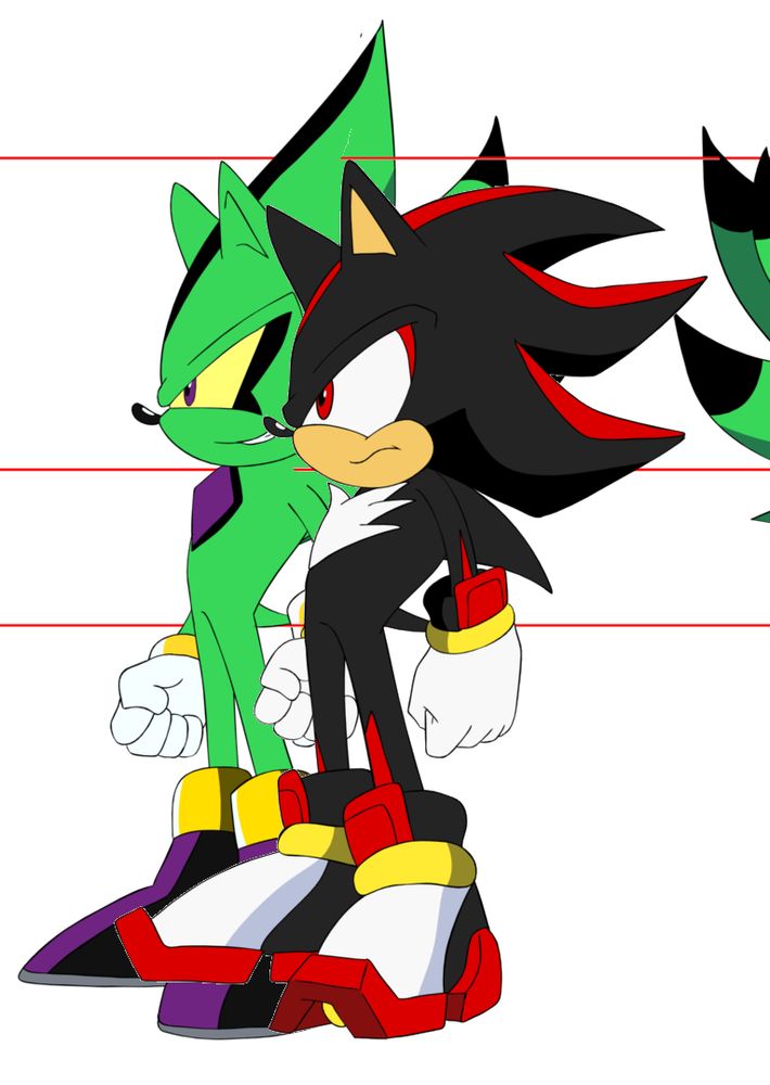 Chaos Nazo and Shadow The Hedgehog standing next to each other in a side profile.