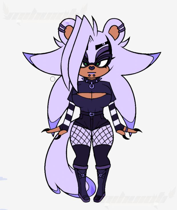 A nude chibi reference of Nocht the Mink. They are standing in a generic symmetrical pose. They have an eboy/egirl alternative fashion inspired outfit made up of various shades of dark purple. They have a few buckles on their outfit, a choker, striped sleeves, booty shorts, and fishnets.