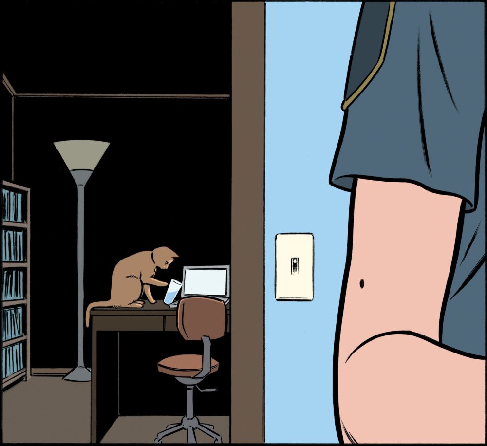 Has this ever happened to you?? 
In a dark study and behind someone’s back, an orange cat tips a glass of water dangerously close to an open laptop.