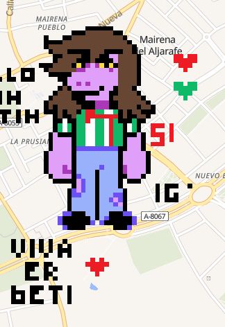 El mapa ese con dibujos. Susie de Deltarune con ropa del Betis, pero alguien está pintando en rojo
