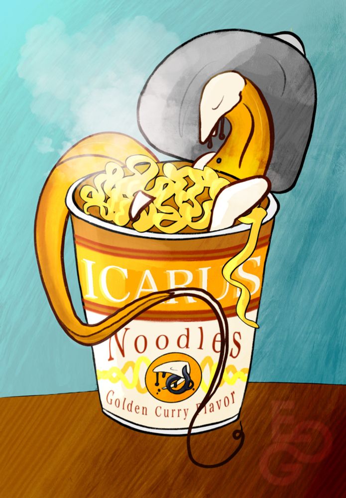 A digital painting of a long, golden, worm-like character in a steaming cup of instant noodles. The cups design says "ICARUS Noodles, Golden Curry Flavor."