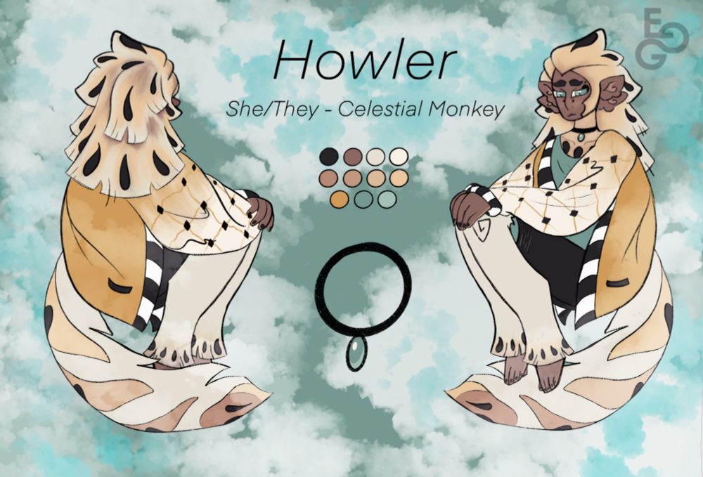 A character reference sheet for Howler the celestial monkey. It includes a fully clothed front and back fullbody with a color palette and a close-up of their necklace.
