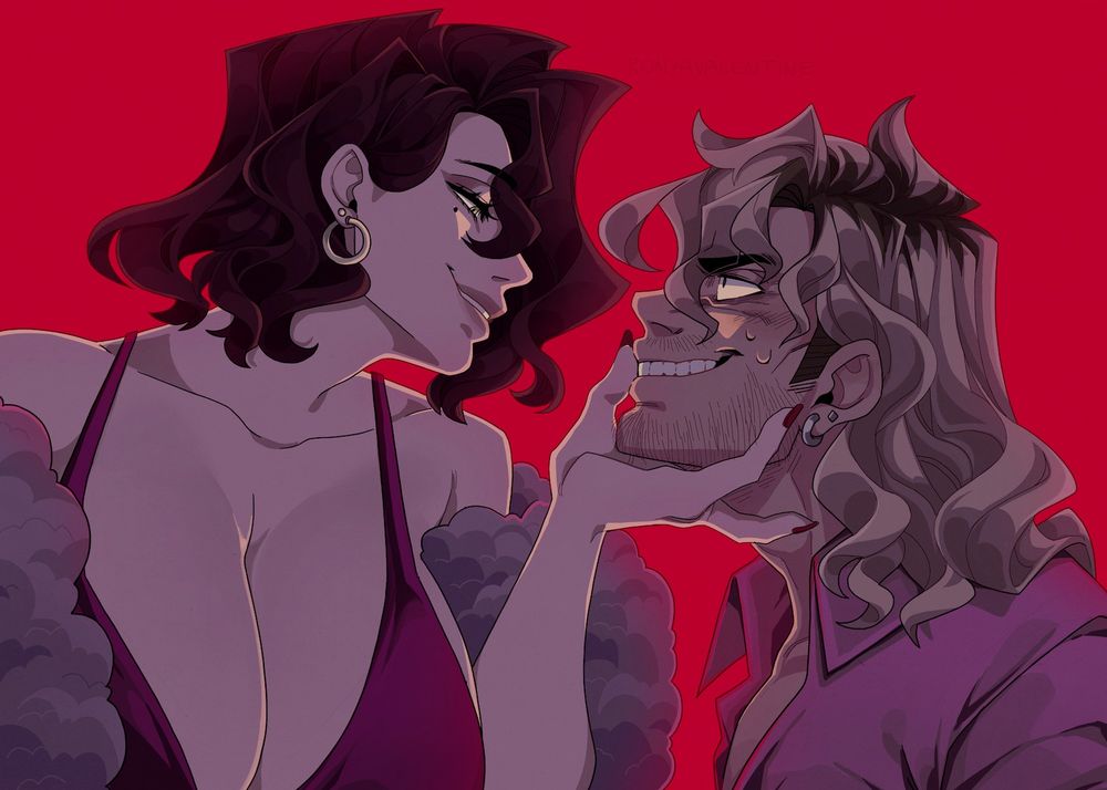 An anime style drawn portrait of two characters, a man and a woman on a solid red background with rim lighting. The woman, on the left, is holding the man's chin on her palm while smiling confidently, while the man's smile looks more unsure. The woman has short brown hair, deep cut wine red top and a fur shawl around her arms, and the man has bleached shoulder-length hair and a pink shirt. Both are wearing earrings, the woman golden ones, the man silver.