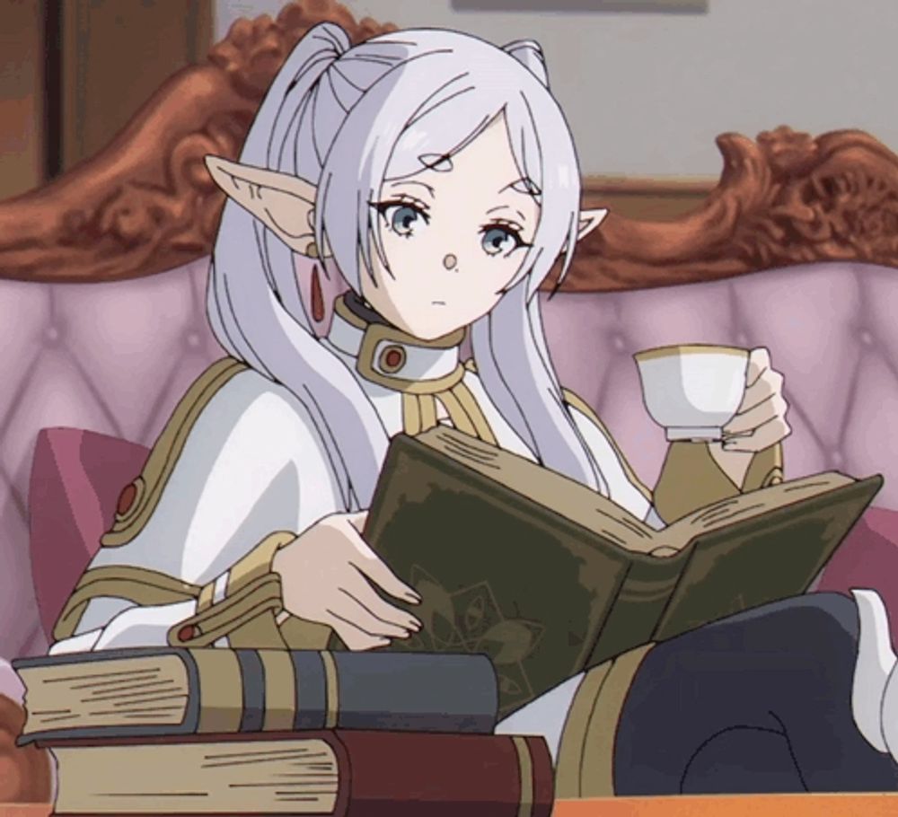 a girl with white hair is reading a book and holding a cup